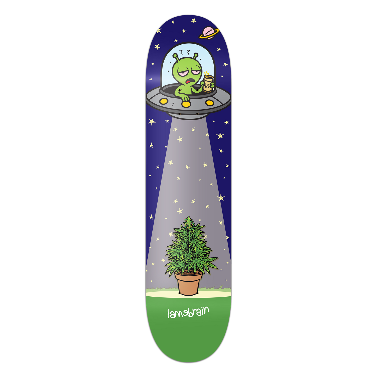Lamebrain Skateboards Fire in the Sky skateboard deck featuring an original alien UFO graphic on a premium 7-ply American maple skateboard deck.