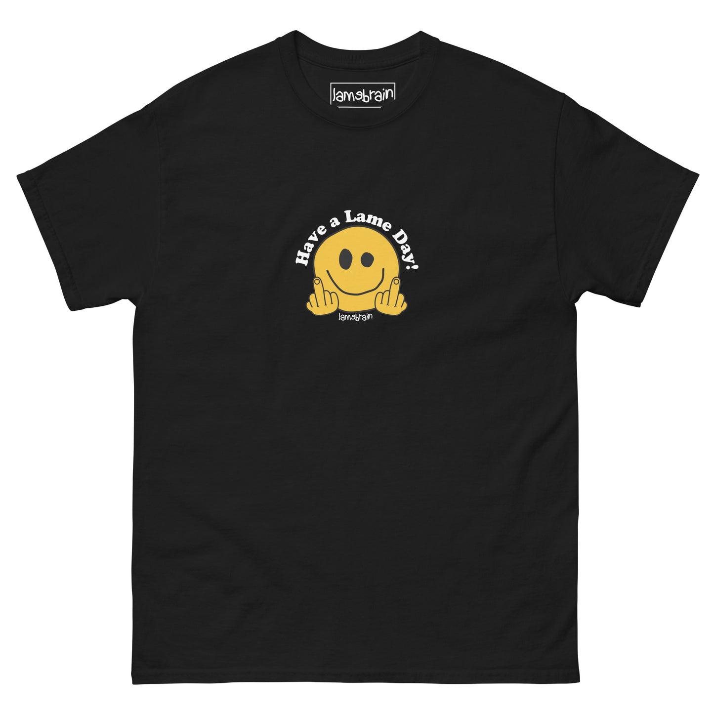 Lamebrain Lameday graphic skateboard T-shirt featuring original artwork screen printed on a made-to-order 100% cotton skateboarding tee for streetwear and everyday wear.
