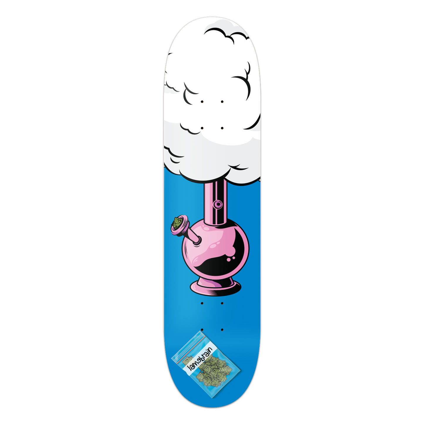 skateboard with bong and smoke cloud. bag of marijuana is labeled lamebrain.