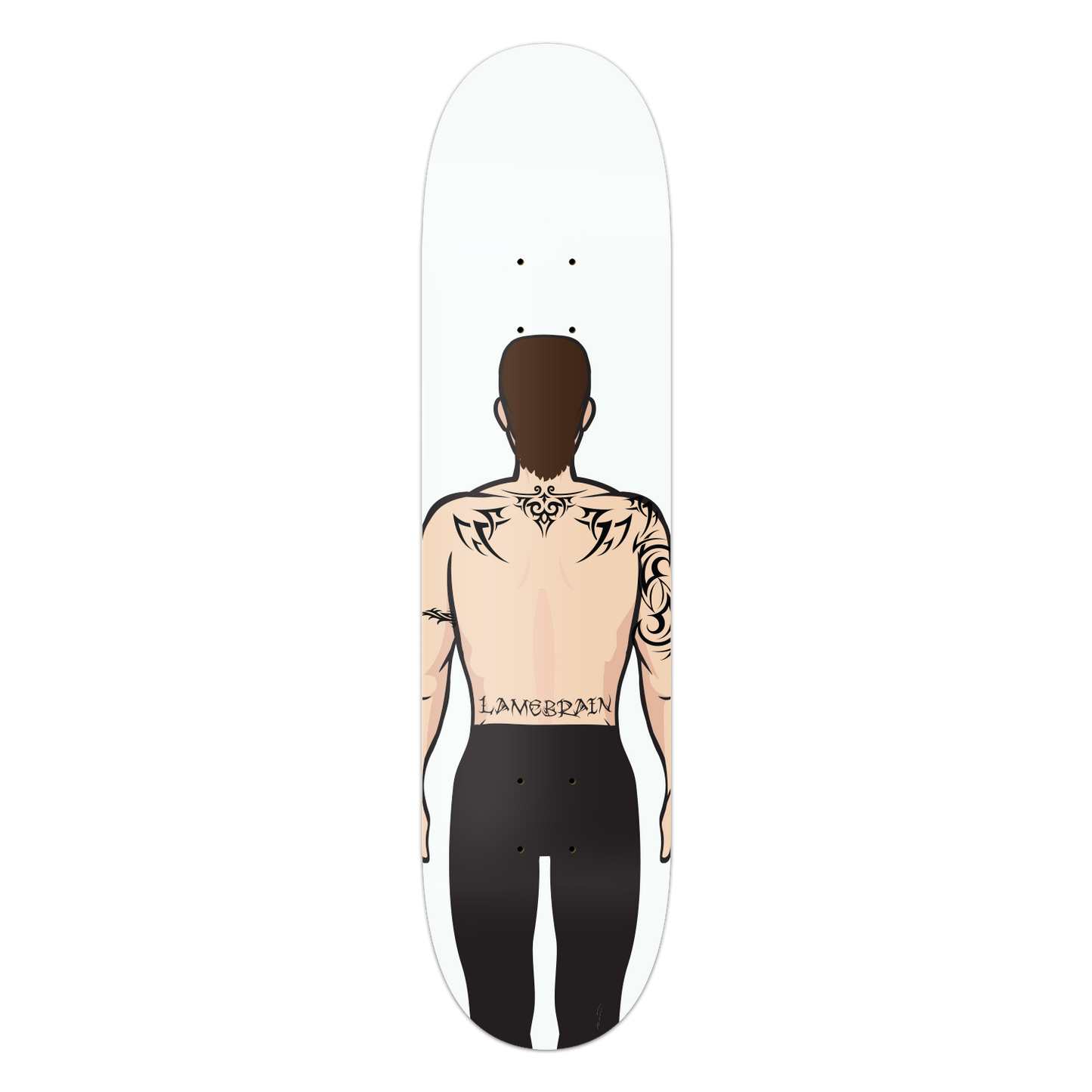 Lamebrain Tramp Stamp 8.25-inch skateboard deck featuring an original cartoon character with a lower-back "Lamebrain" tattoo on a premium 7-ply American maple skateboard deck for street and park skating.