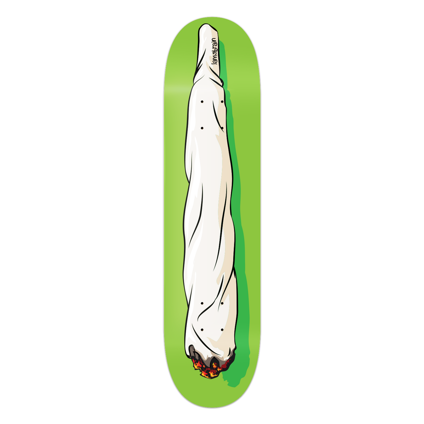 green skateboard with a big joint on bottom