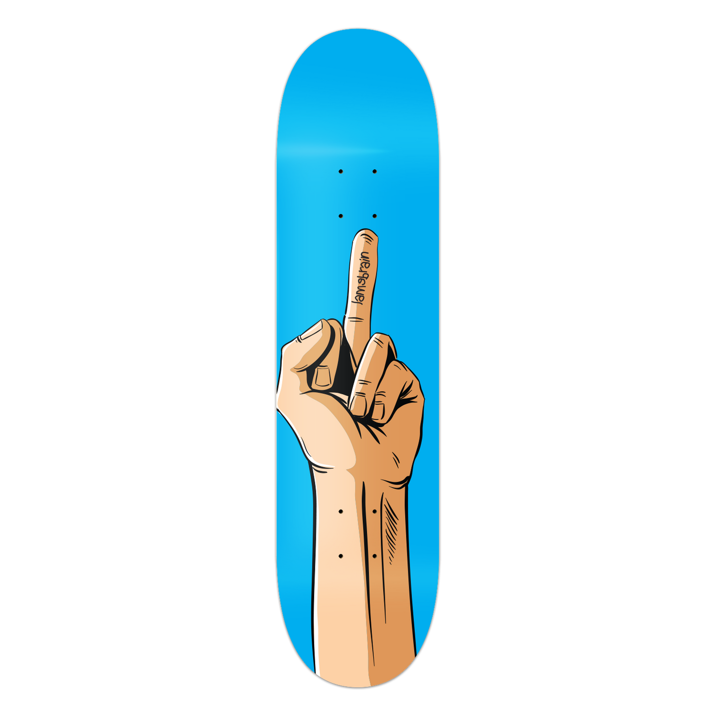 blue skateboard with giant hand flipping middle finger. writing on finger says lamebrain