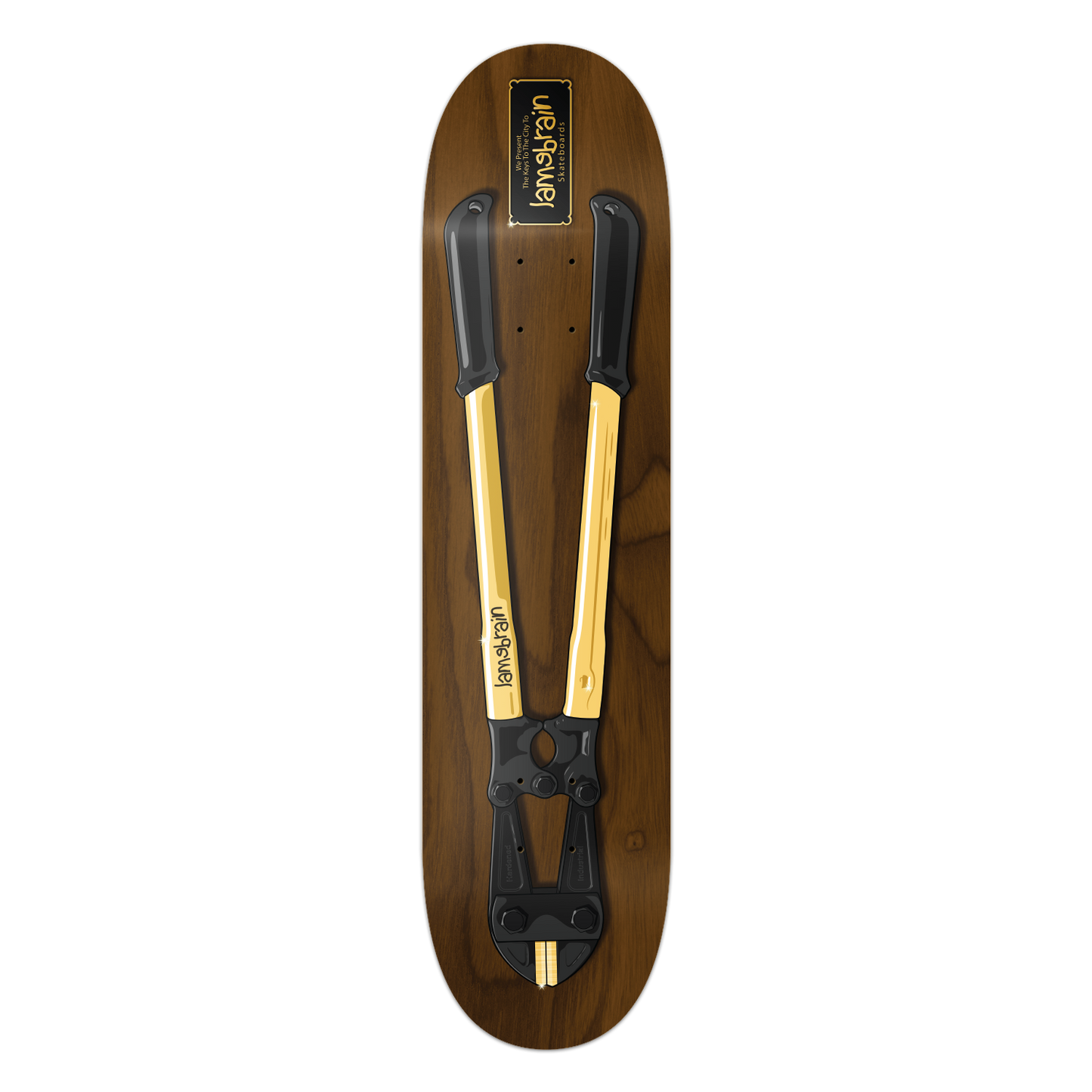 brown skateboard looks like a plaque with bolt cutters and name plate that says keys to the city