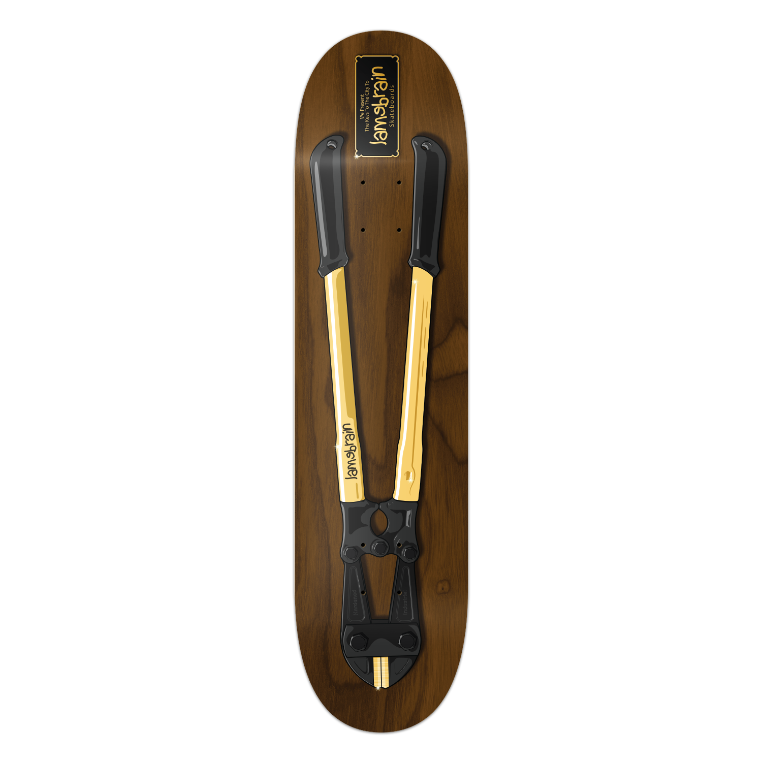 brown skateboard looks like a plaque with bolt cutters and name plate that says keys to the city