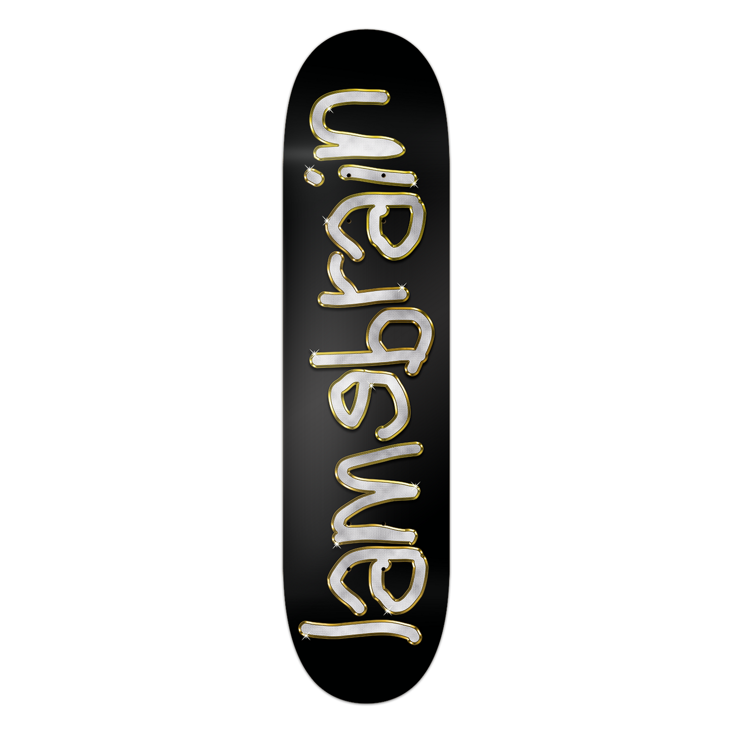 black skateboard with diamond and gold encrusted writing that reads lamebrain