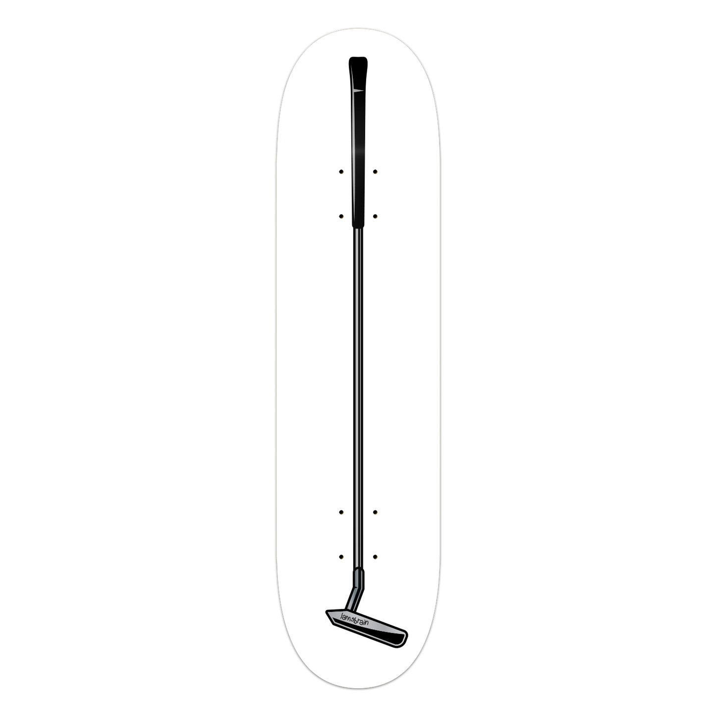 white skateboard with golf putter on it