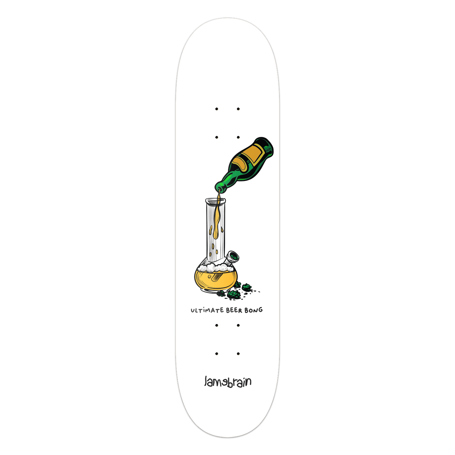 Lamebrain Skateboards Beer Bong 8.5-inch skateboard deck featuring an original colorful beer bong illustration on natural maple veneer.