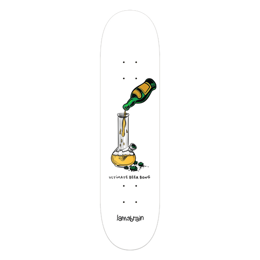 Lamebrain Skateboards Beer Bong 8.5-inch skateboard deck featuring an original colorful beer bong illustration on natural maple veneer.