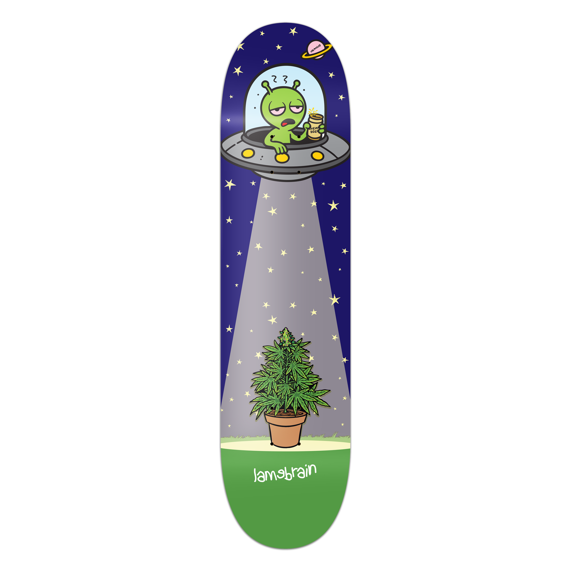 Lamebrain Skateboards Fire in the Sky skateboard deck featuring an original alien UFO graphic on a premium 7-ply American maple skateboard deck.