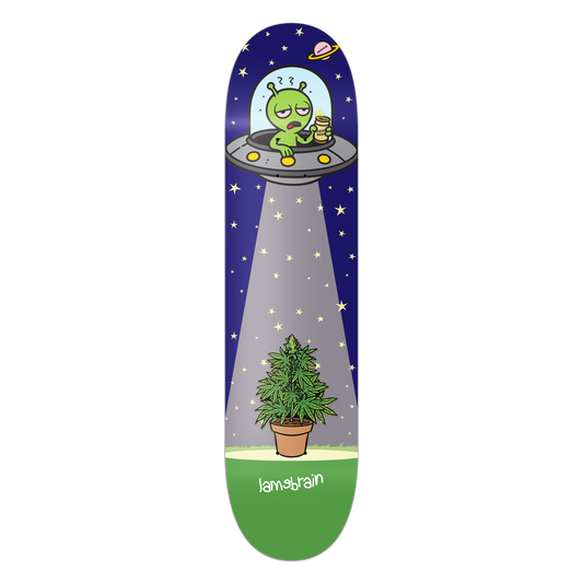 Lamebrain Skateboards Fire in the Sky skateboard deck featuring an original alien UFO graphic on a premium 7-ply American maple skateboard deck.