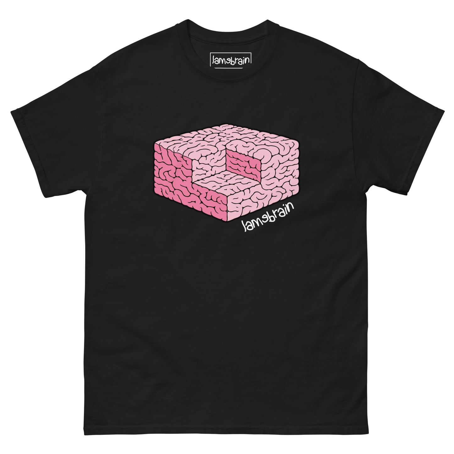 Lamebrain Cubed graphic skateboard T-shirt featuring original artwork screen printed on a made-to-order 100% cotton skate tee for streetwear, skateboarding, and everyday wear.