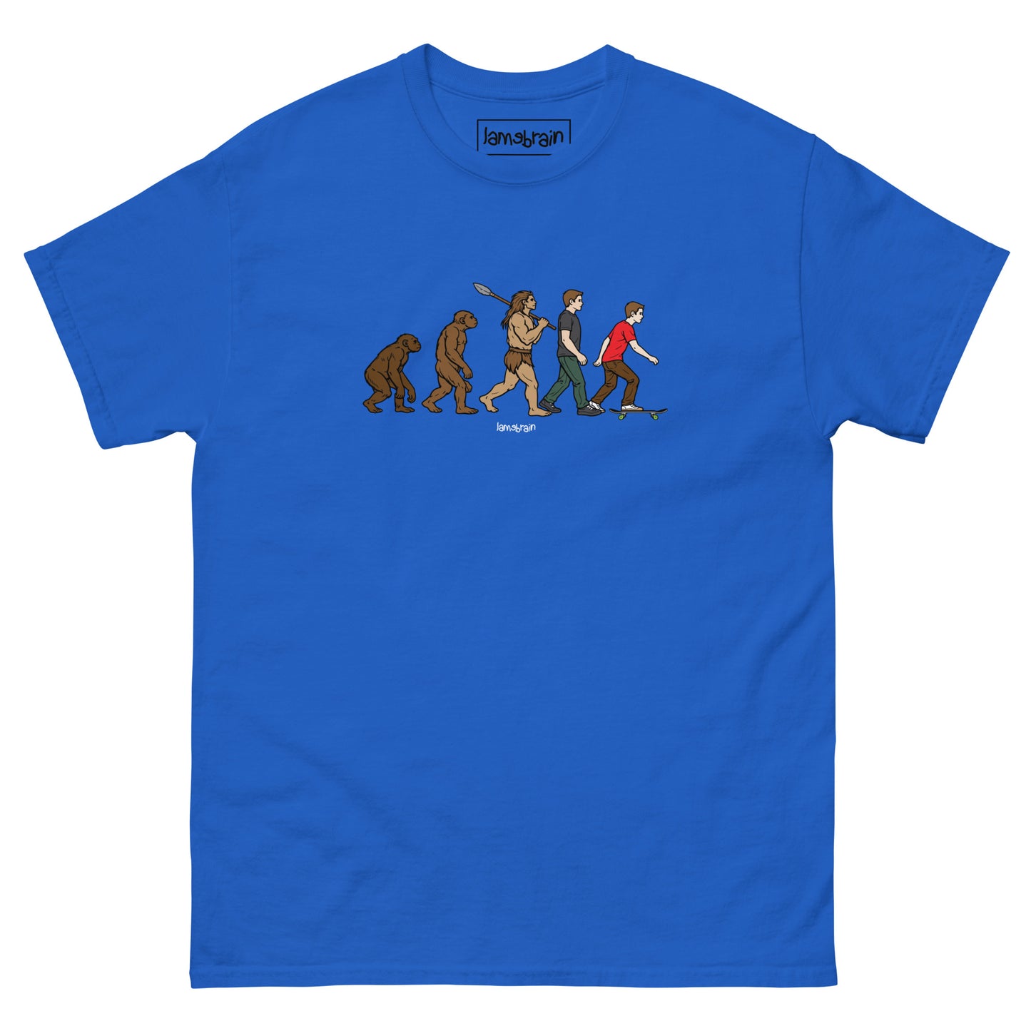 Lamebrain Evolution graphic skateboard T-shirt featuring original evolution-inspired artwork screen printed on a made-to-order 100% cotton skate tee for streetwear and everyday skateboarding.