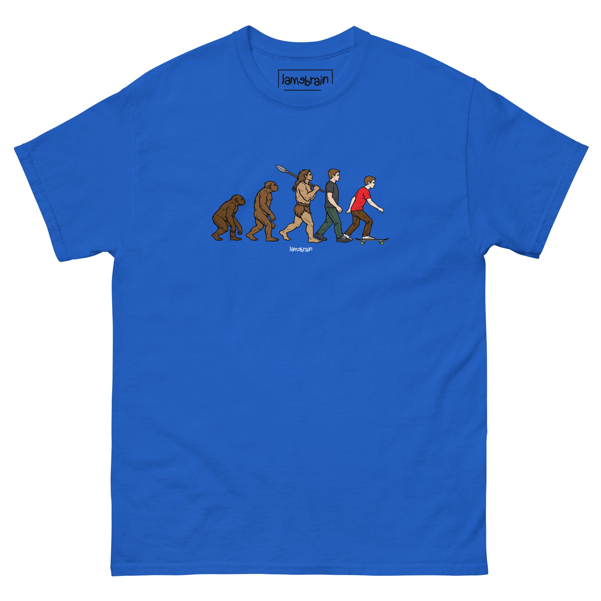Lamebrain Evolution graphic skateboard T-shirt featuring original evolution-inspired artwork screen printed on a made-to-order 100% cotton skate tee for streetwear and everyday skateboarding.