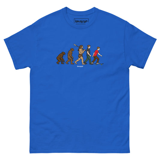 Lamebrain Evolution graphic skateboard T-shirt featuring original evolution-inspired artwork screen printed on a made-to-order 100% cotton skate tee for streetwear and everyday skateboarding.