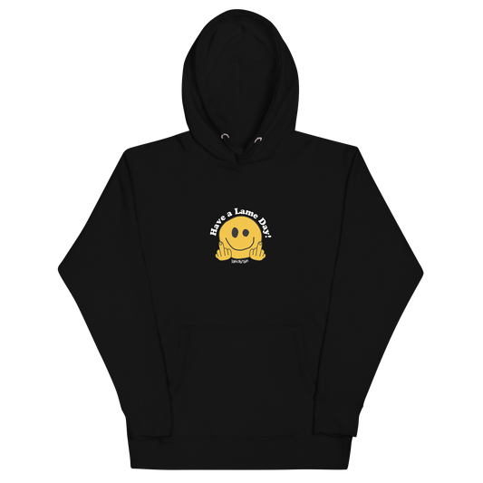 Lamebrain Have a Lame Day graphic hoodie featuring original artwork screen printed on a made-to-order cotton-blend fleece hooded sweatshirt for skateboarding, streetwear, and everyday