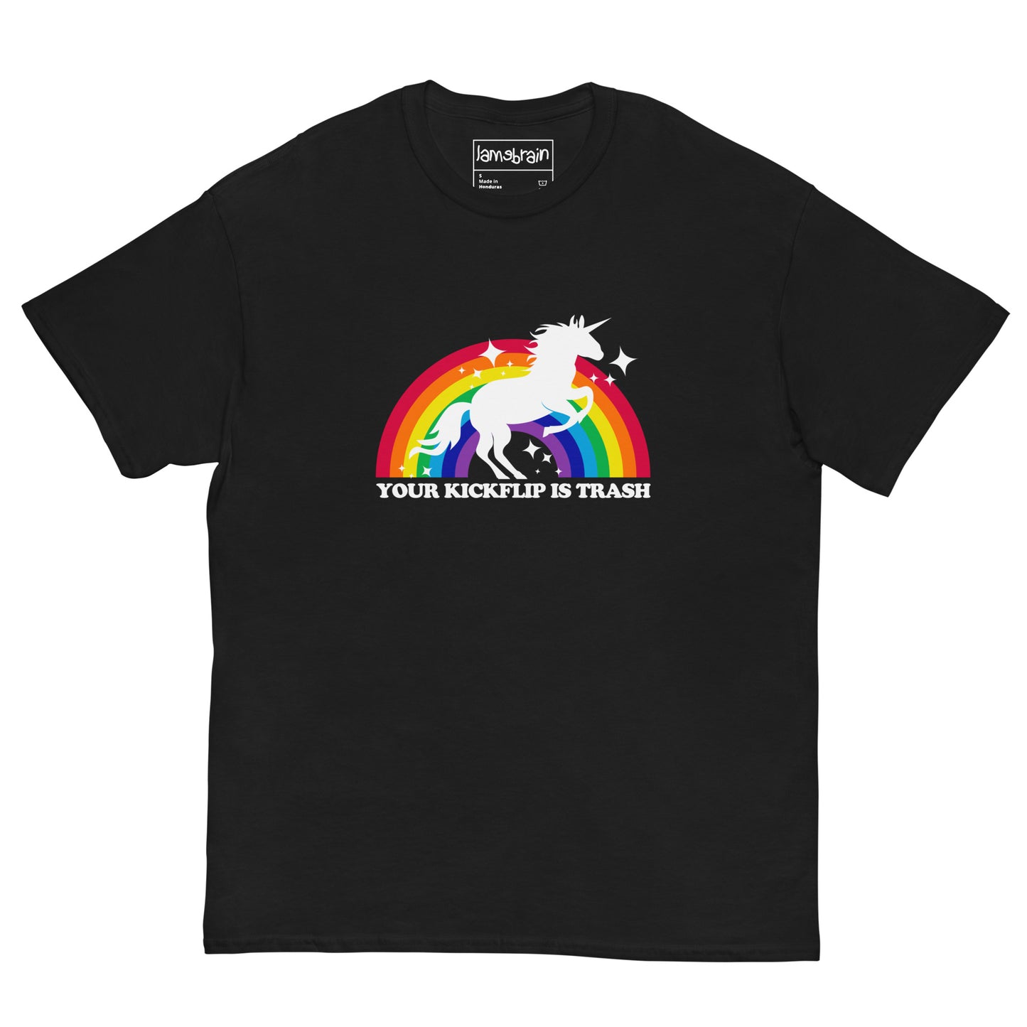 Lamebrain Kickflip graphic skateboard T-shirt featuring original kickflip-inspired artwork screen printed on a made-to-order 100% cotton skate tee for streetwear and everyday skateboarding.