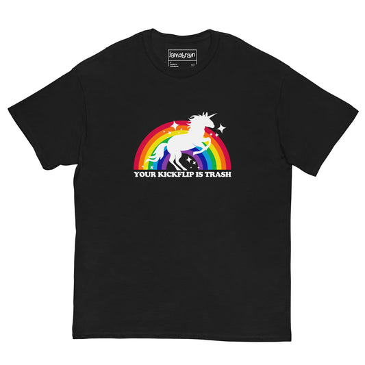 Lamebrain Kickflip graphic skateboard T-shirt featuring original kickflip-inspired artwork screen printed on a made-to-order 100% cotton skate tee for streetwear and everyday skateboarding.