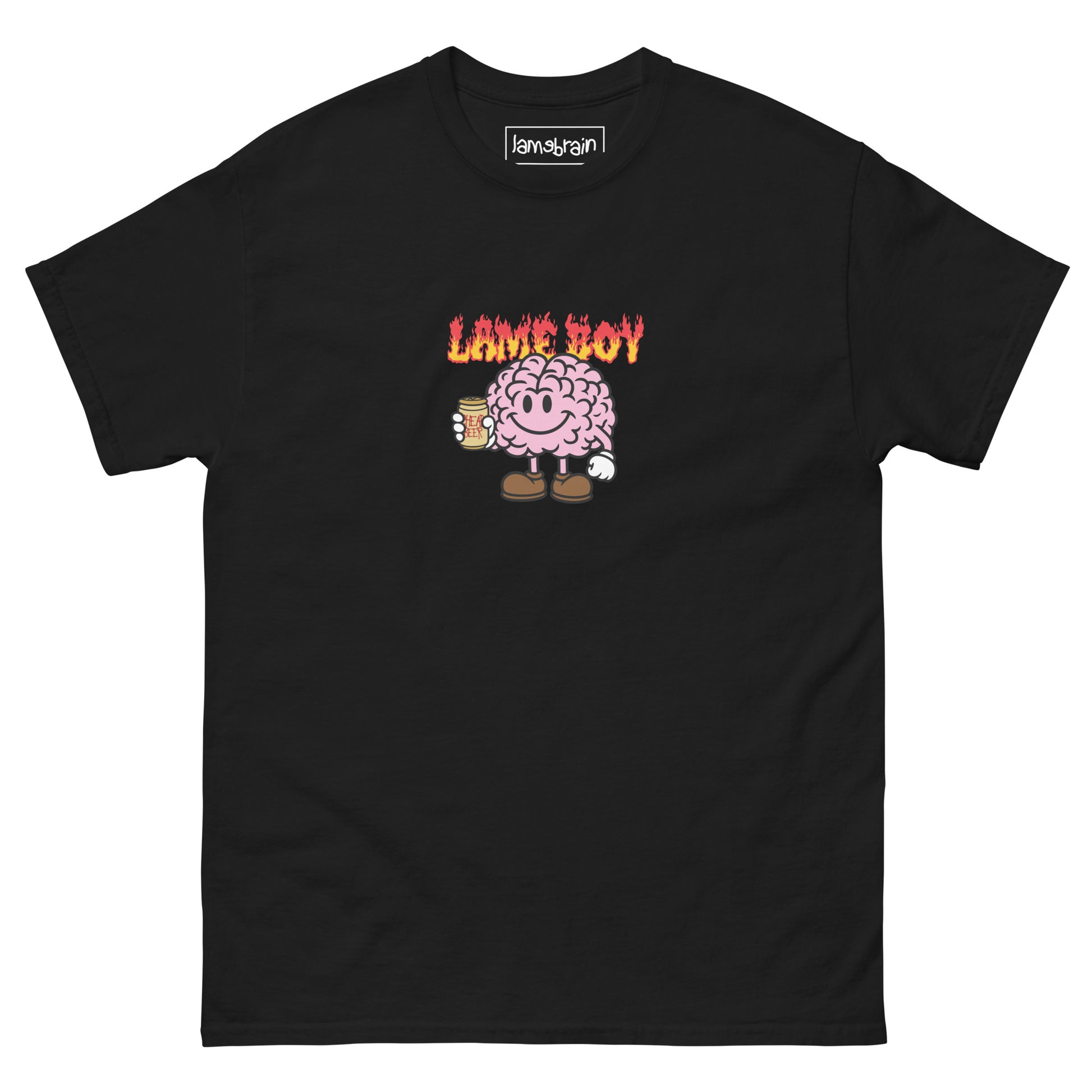 Lamebrain Lame Boy graphic skateboard T-shirt featuring original artwork screen printed on a made-to-order 100% cotton skateboarding tee for streetwear and everyday wear.