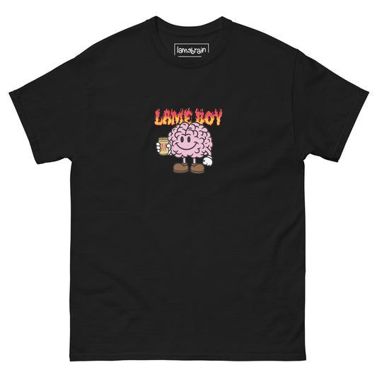 Lamebrain Lame Boy graphic skateboard T-shirt featuring original artwork screen printed on a made-to-order 100% cotton skateboarding tee for streetwear and everyday wear.