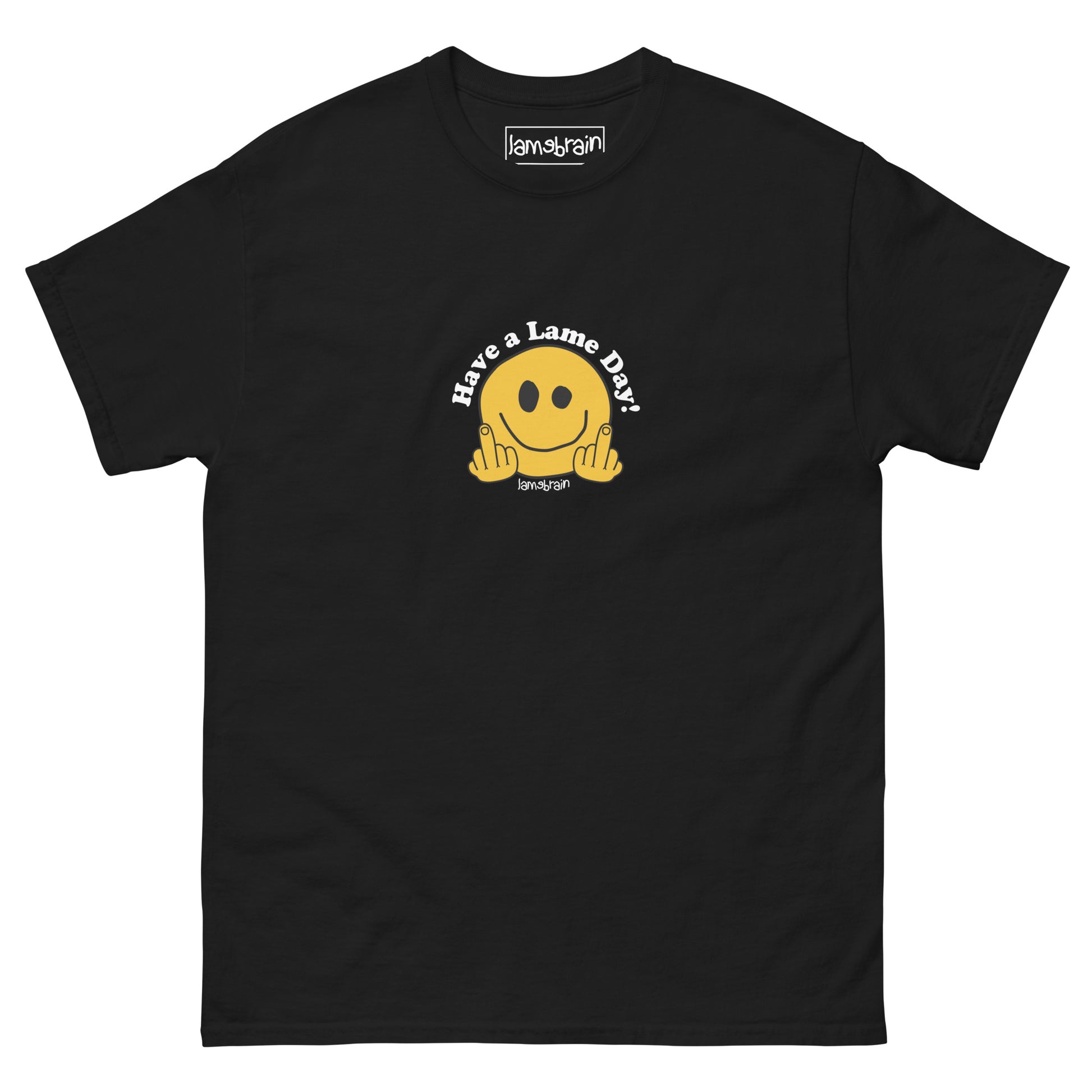 Lamebrain Lameday graphic skateboard T-shirt featuring original artwork screen printed on a made-to-order 100% cotton skateboarding tee for streetwear and everyday wear.