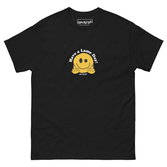 Lamebrain Lameday graphic skateboard T-shirt featuring original artwork screen printed on a made-to-order 100% cotton skateboarding tee for streetwear and everyday wear.