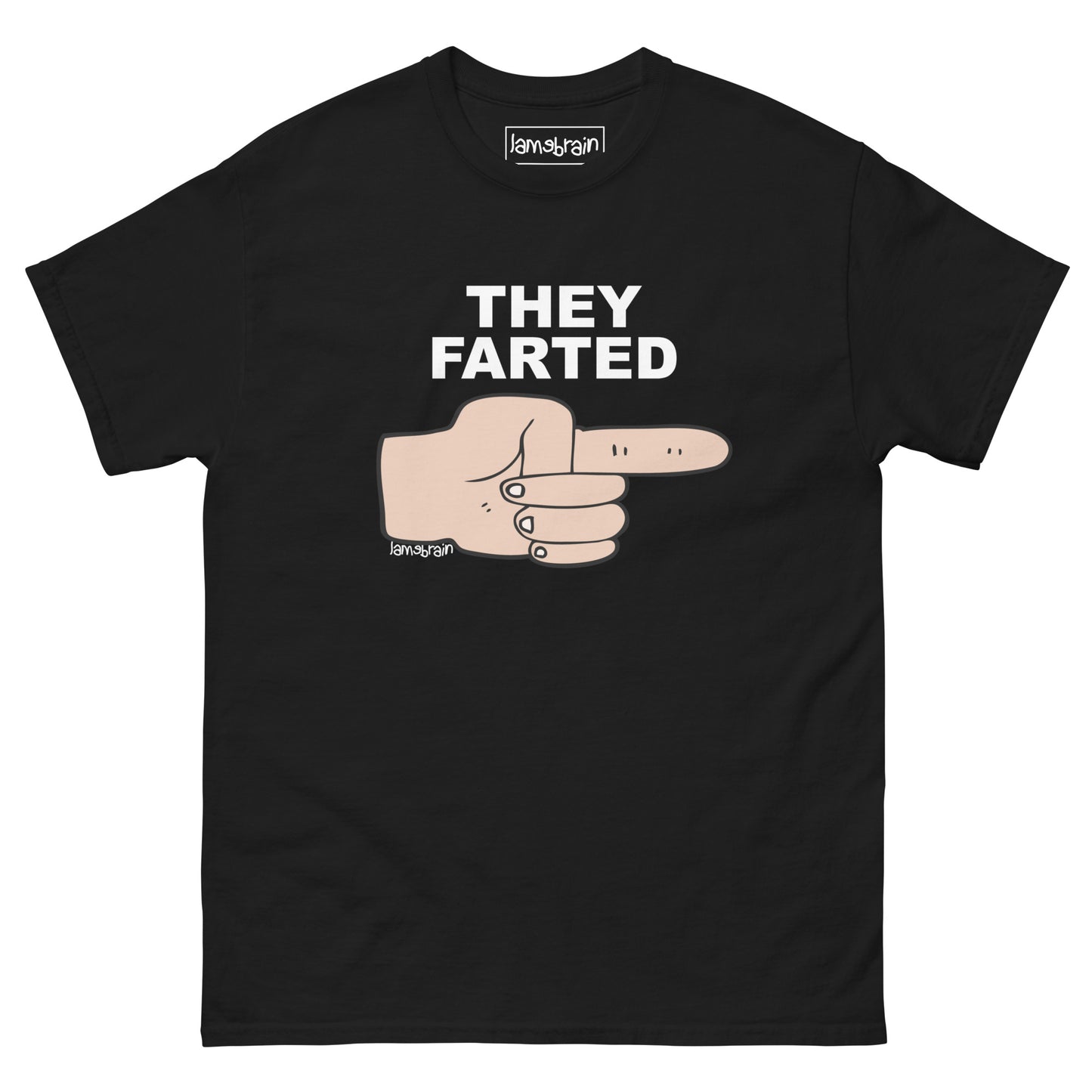 Lamebrain Wasn't Me graphic skateboard T-shirt featuring original artwork screen printed on a made-to-order 100% cotton skateboarding tee for streetwear and everyday wear.