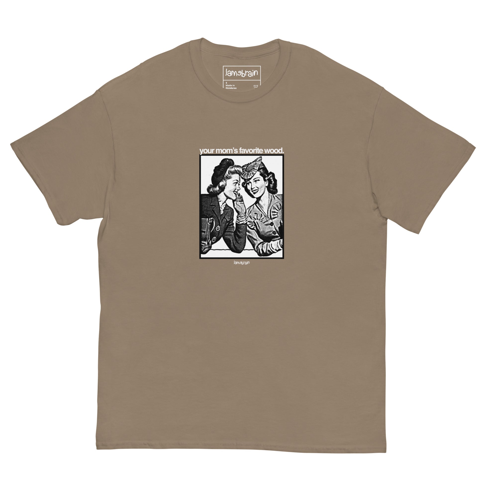 Lamebrain Wood graphic skateboard T-shirt featuring original artwork screen printed on a made-to-order 100% cotton skateboarding tee for streetwear and everyday wear.