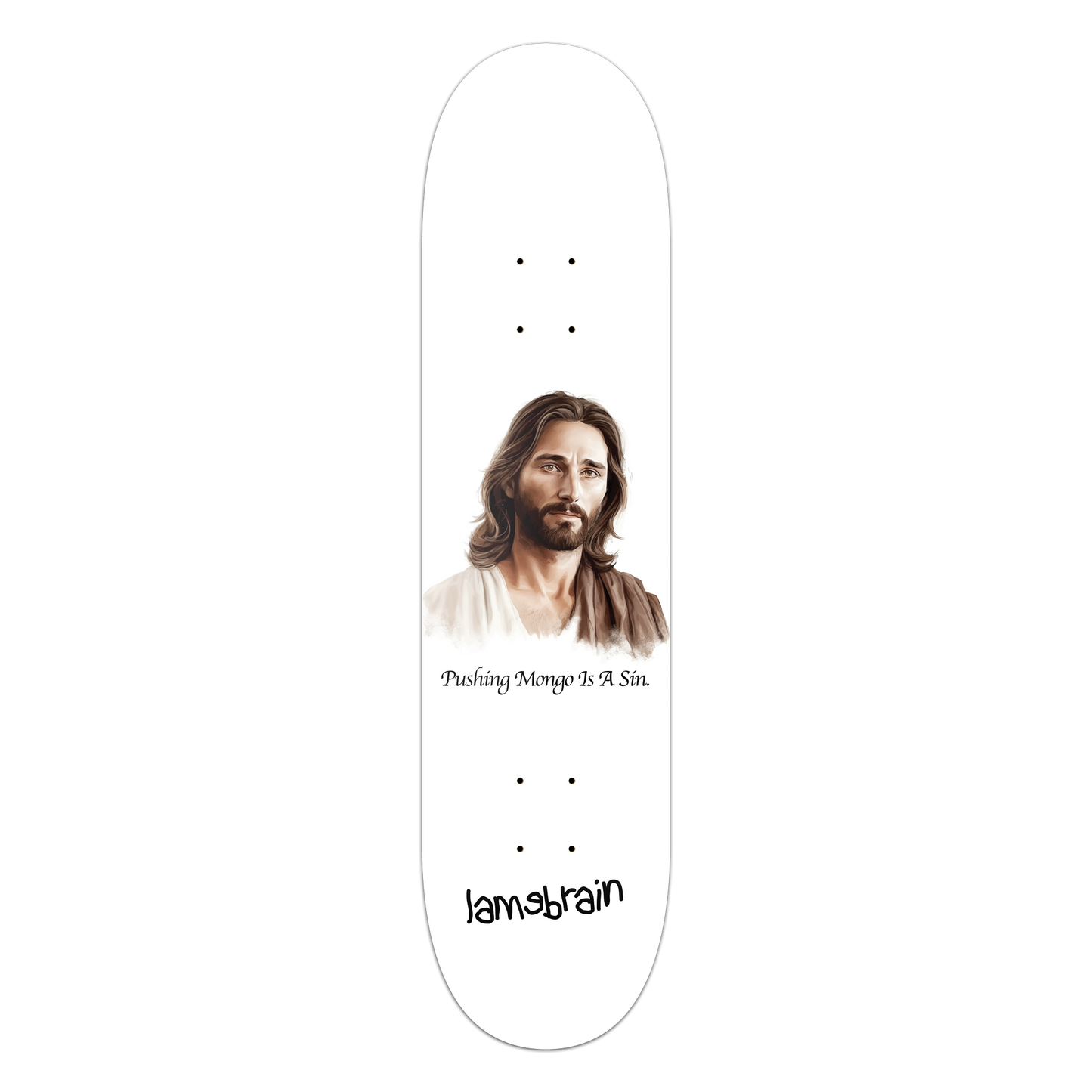 Lamebrain Skateboards Sinner 8.5-inch skateboard deck featuring original religious-inspired artwork on a premium 7-ply American maple deck.