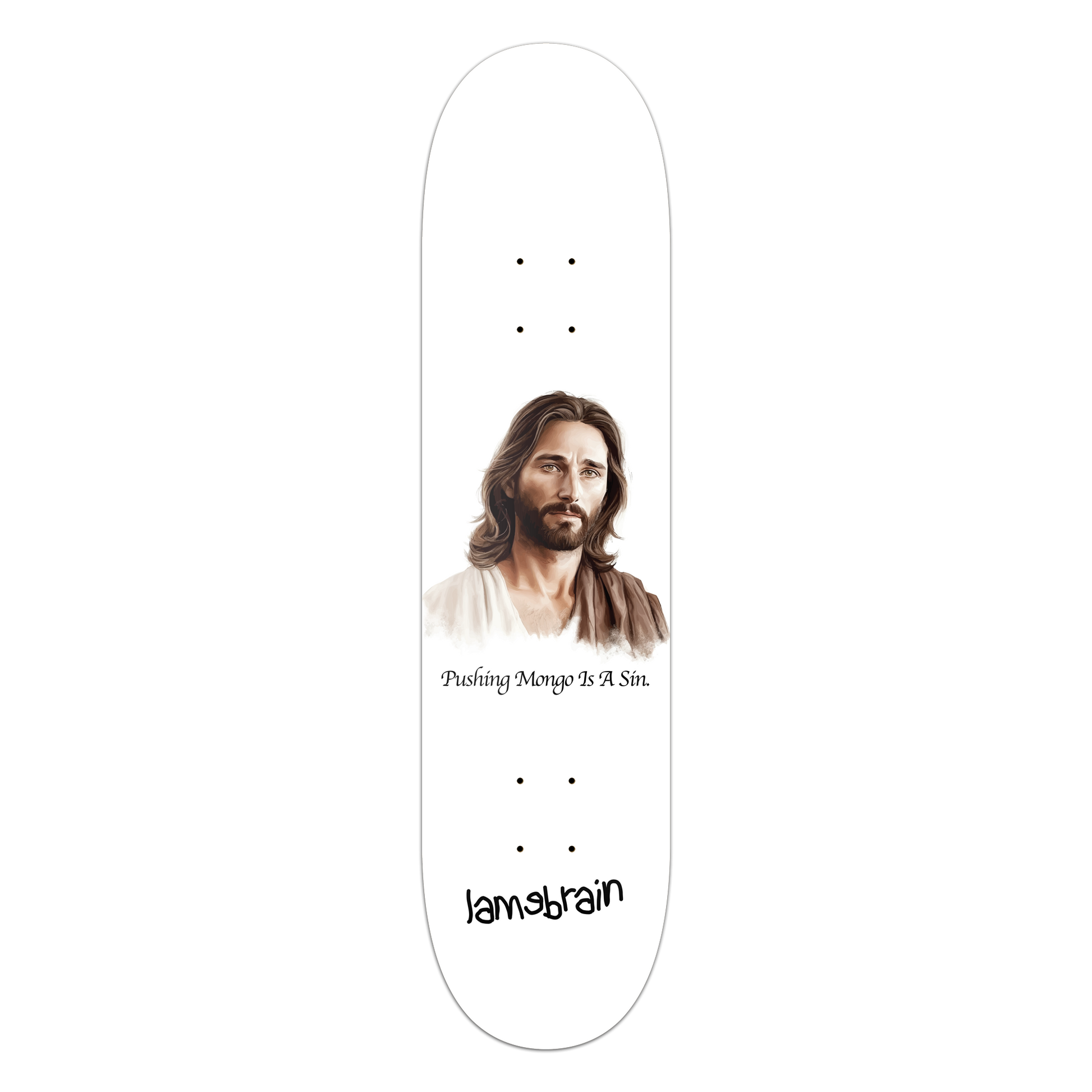 Lamebrain Skateboards Sinner 8.5-inch skateboard deck featuring original religious-inspired artwork on a premium 7-ply American maple deck.