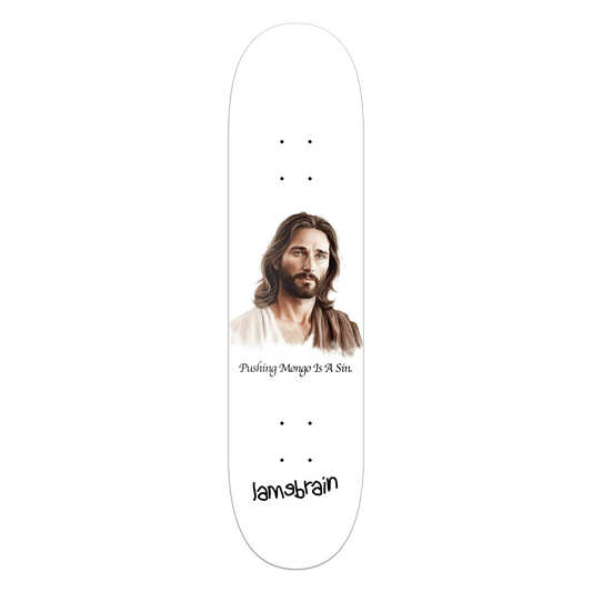 Lamebrain Skateboards Sinner 8.5-inch skateboard deck featuring original religious-inspired artwork on a premium 7-ply American maple deck.