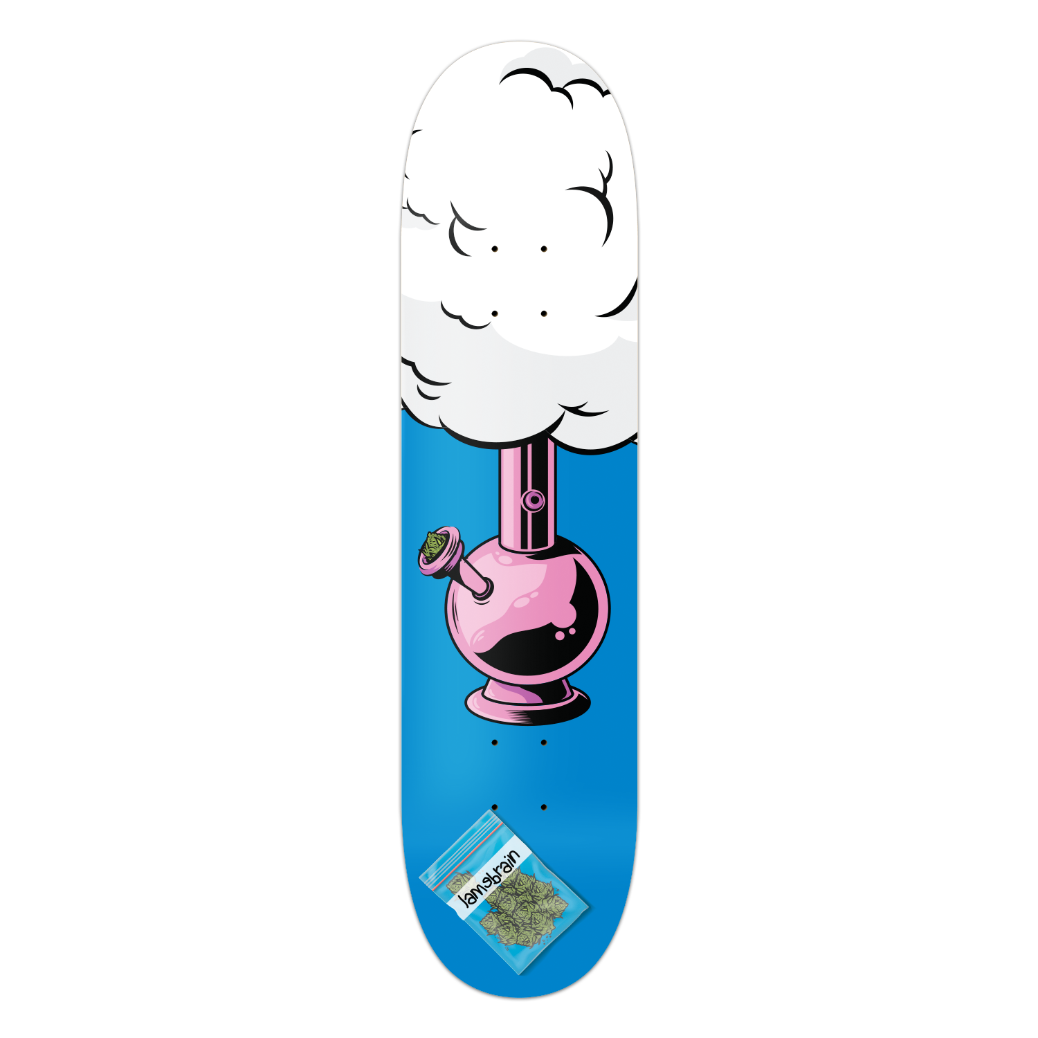 skateboard with bong and smoke cloud. bag of marijuana is labeled lamebrain.