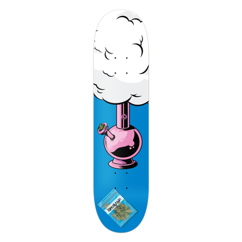skateboard with bong and smoke cloud. bag of marijuana is labeled lamebrain.