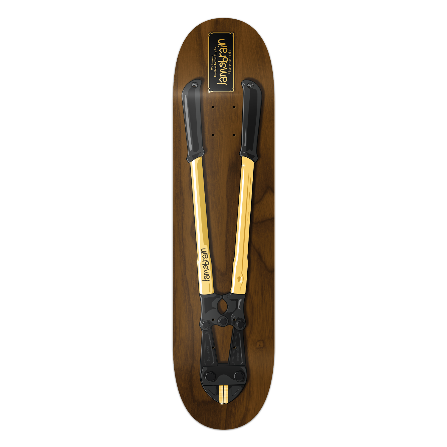 Lamebrain Keys to the City 8.25-inch skateboard deck featuring original street-inspired artwork on a premium 7-ply American maple skateboard deck for street, park, and transition skating.