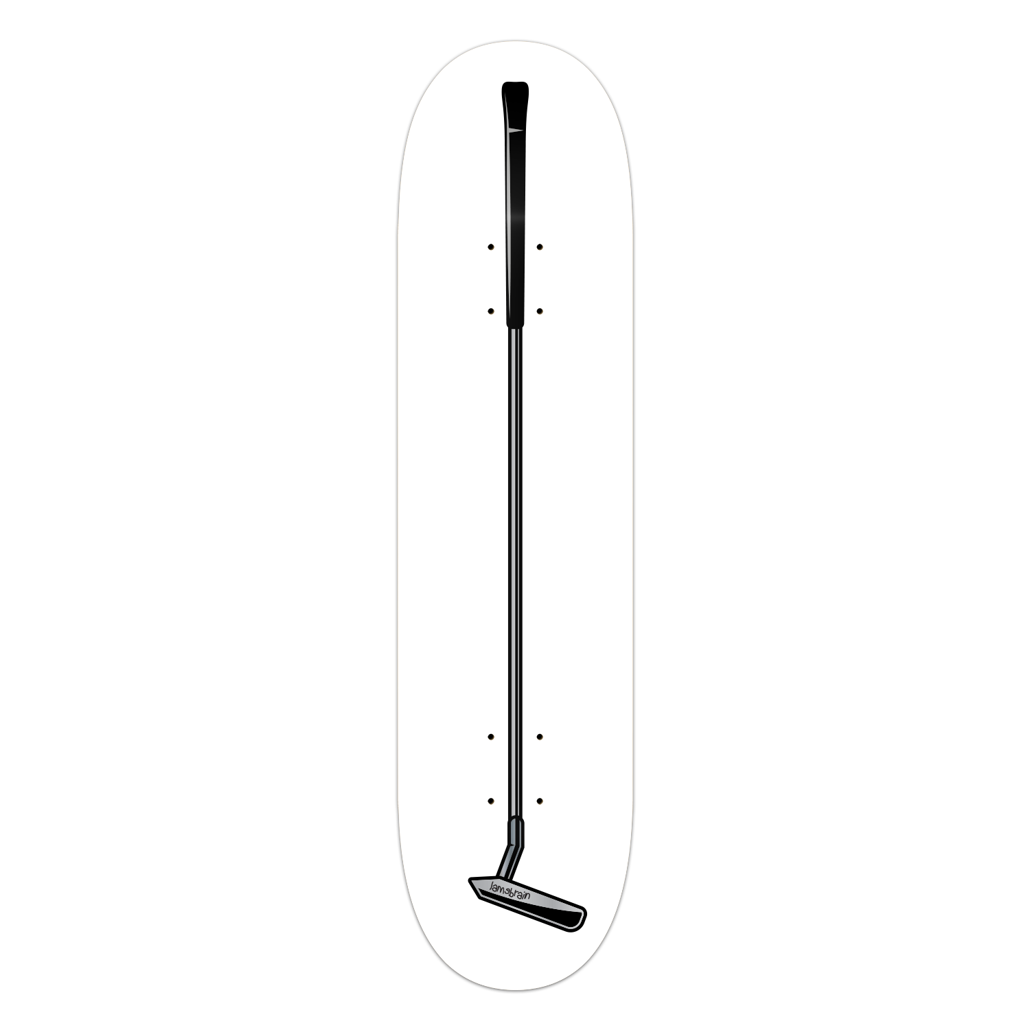 Lamebrain Putter skateboard deck featuring original golf-inspired artwork on a premium 7-ply American maple skateboard deck for street, park, and transition skating.