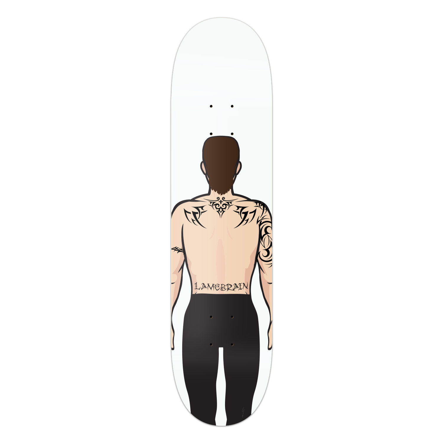 Lamebrain Tramp Stamp 8.25-inch skateboard deck featuring an original cartoon character with a lower-back "Lamebrain" tattoo on a premium 7-ply American maple skateboard deck for street and park skating.