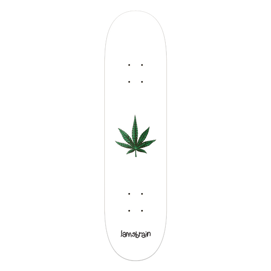 white skateboard with marijuana leaf in middle