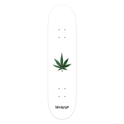 white skateboard with marijuana leaf in middle
