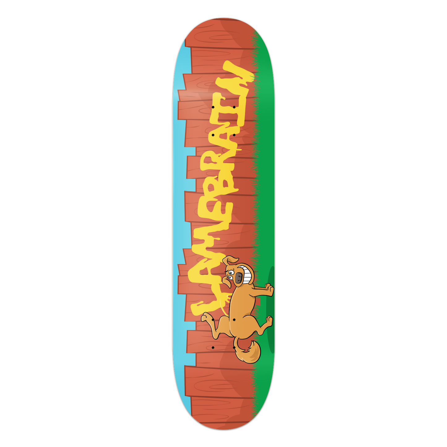 skateboard with cartoon picture of dog peeing on a fence that writing of the peeing says lamebrain