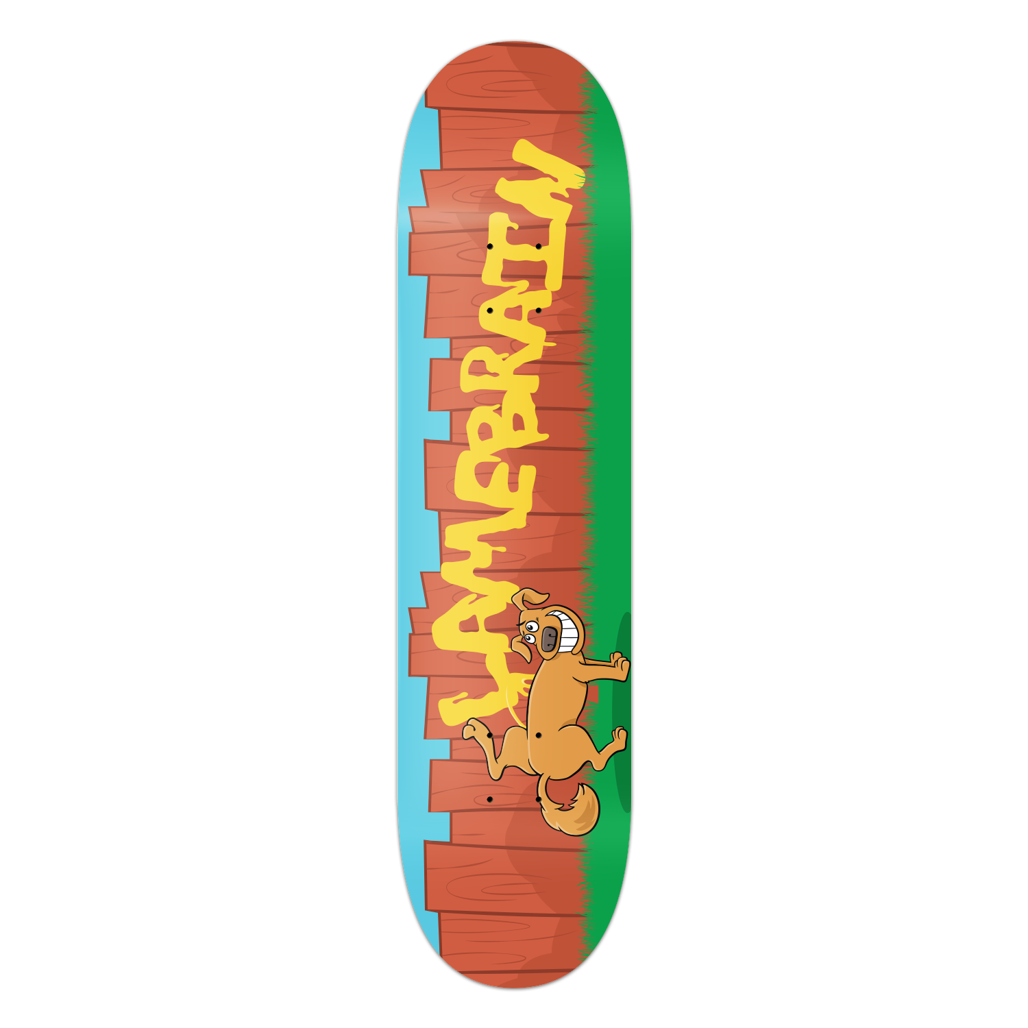 skateboard with cartoon picture of dog peeing on a fence that writing of the peeing says lamebrain