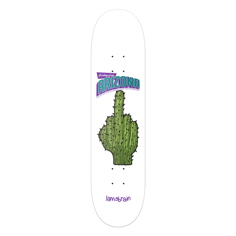 white skateboard with cartoon cactus that looks like a middle finger and reads greetings from arizona