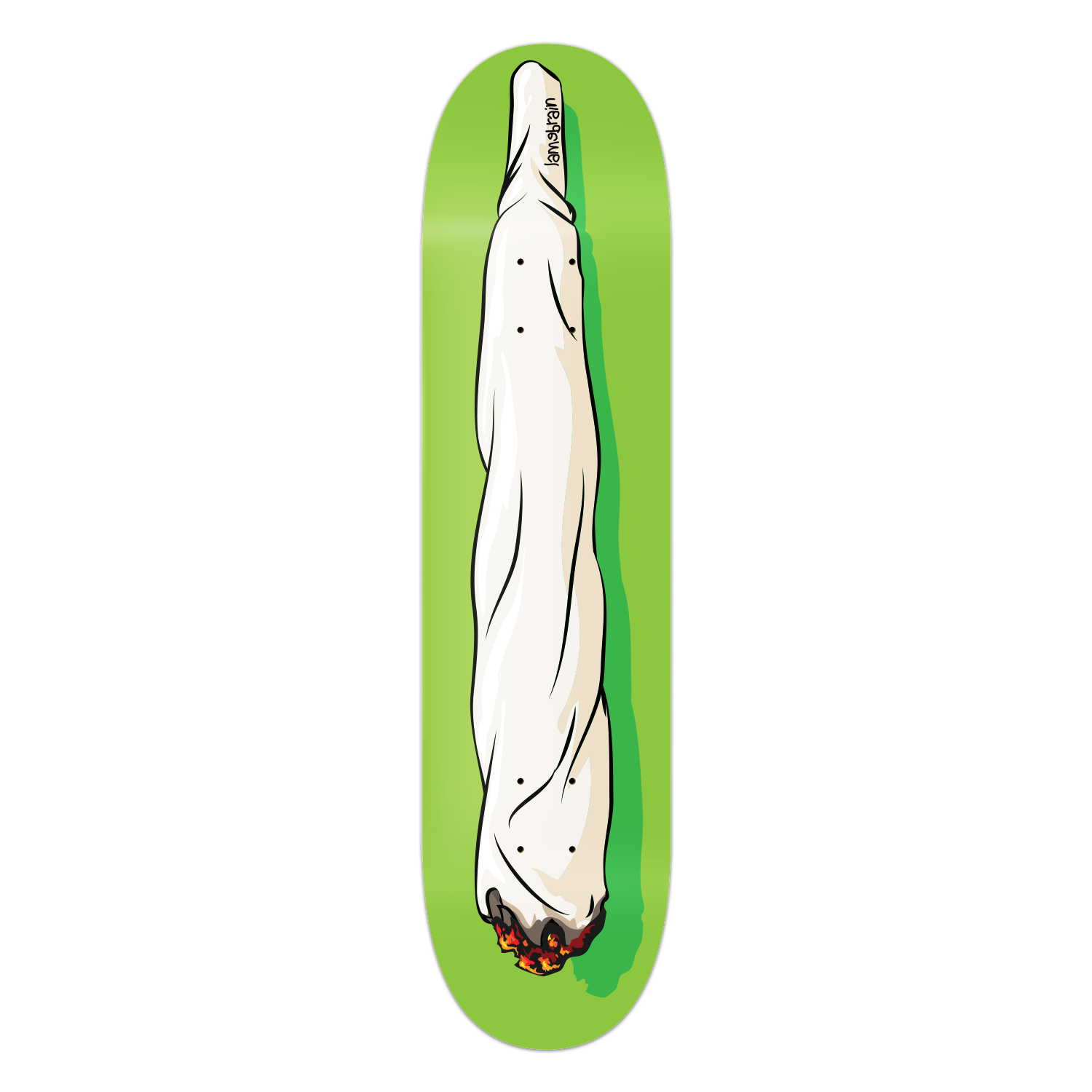 green skateboard with a big joint on bottom
