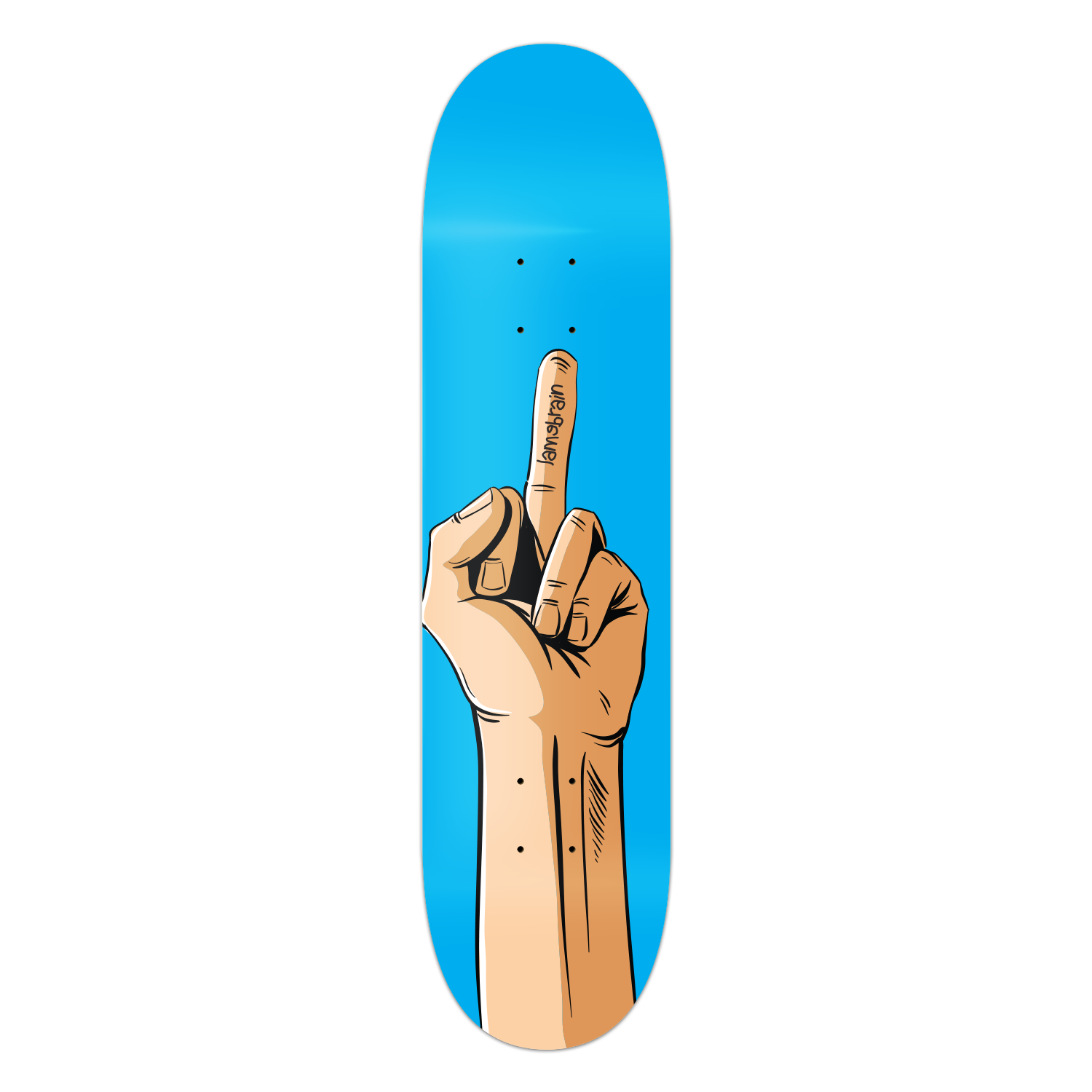 blue skateboard with giant hand flipping middle finger. writing on finger says lamebrain