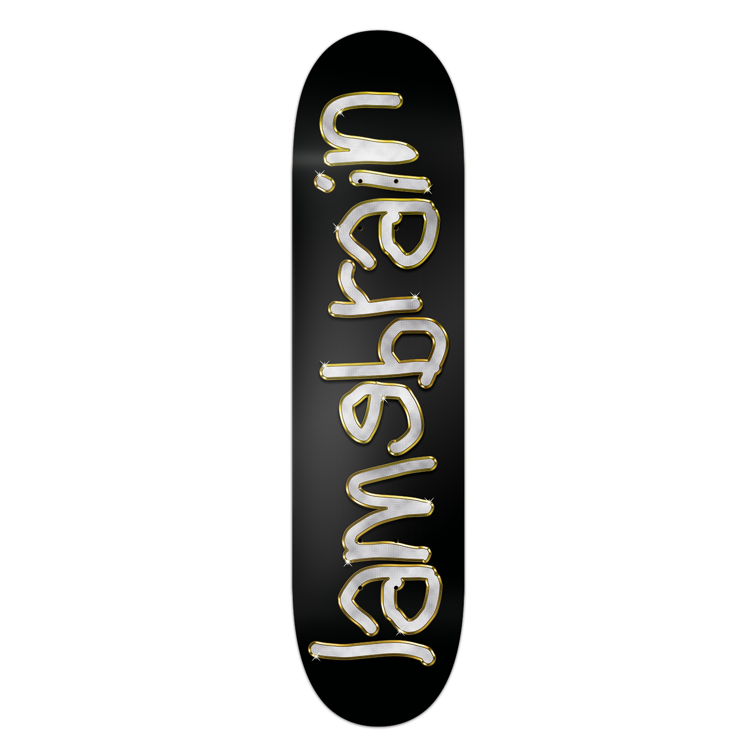 black skateboard with diamond and gold encrusted writing that reads lamebrain