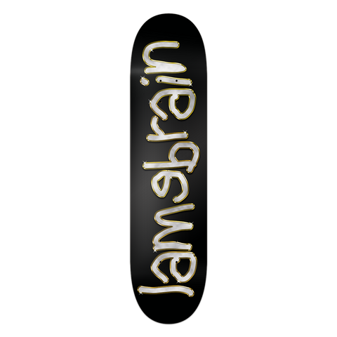 black skateboard with diamond and gold encrusted writing that reads lamebrain
