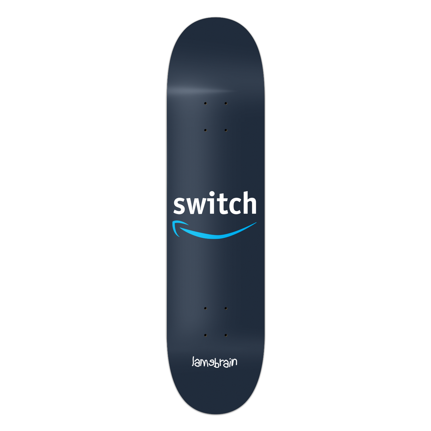 navy blue skateboard with writing that says switch and a smile under it