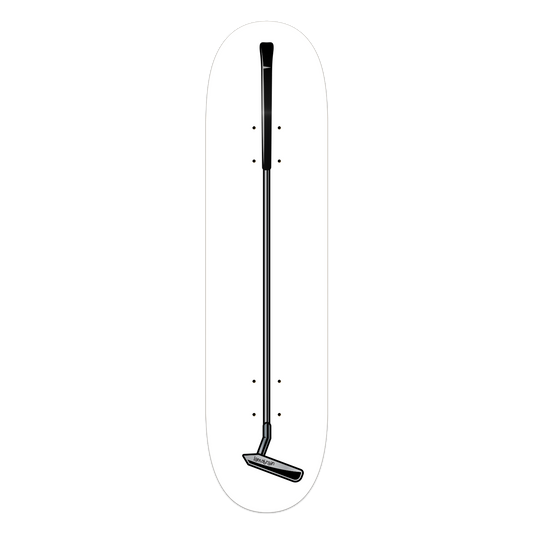 white skateboard with golf putter on it