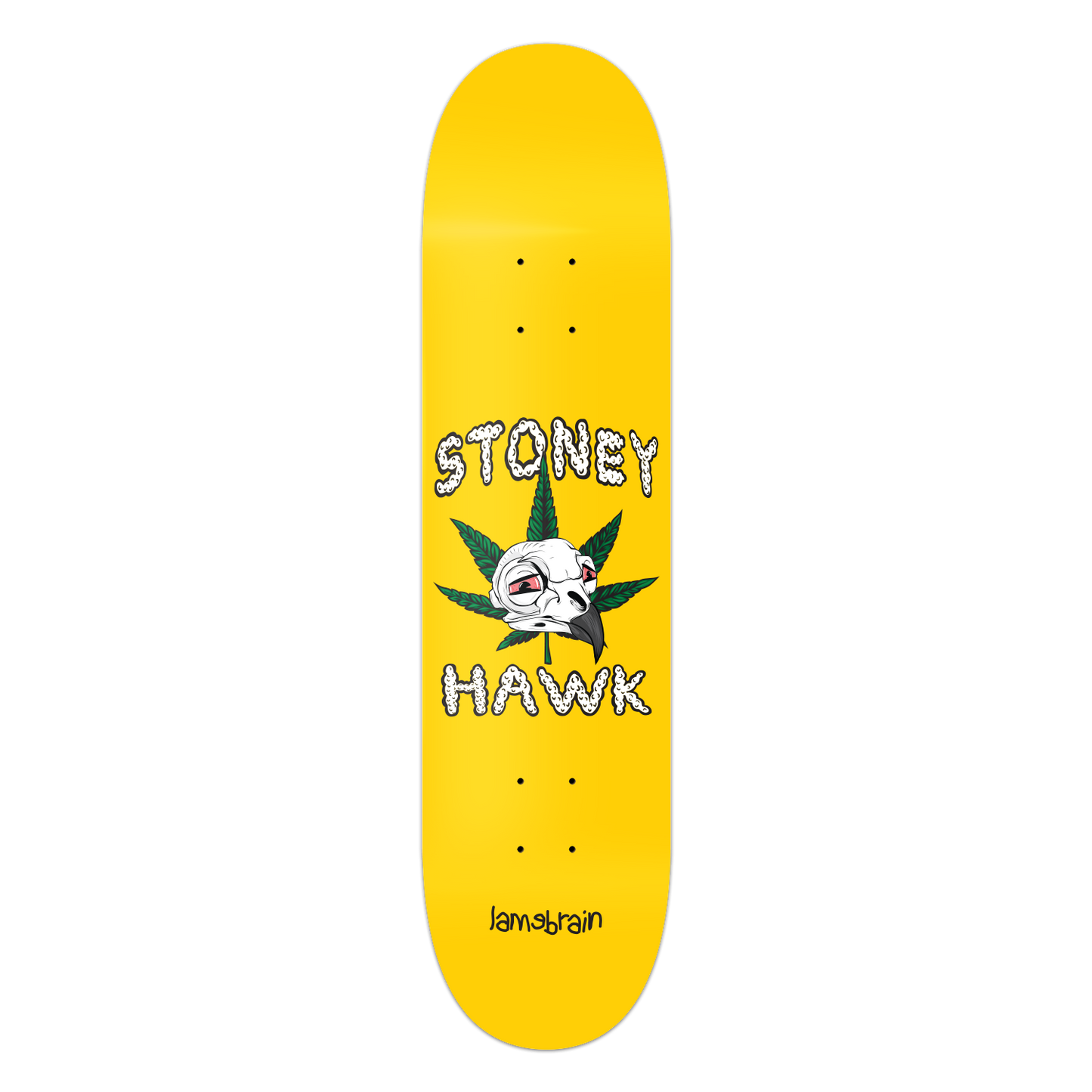 yellow skateboard with hawk skull and marijuana leaf. around image is writing that reads stoney hawk.