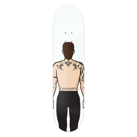 white skateboard with cartoon man. on lower back has a tattoo that reads lamebrain